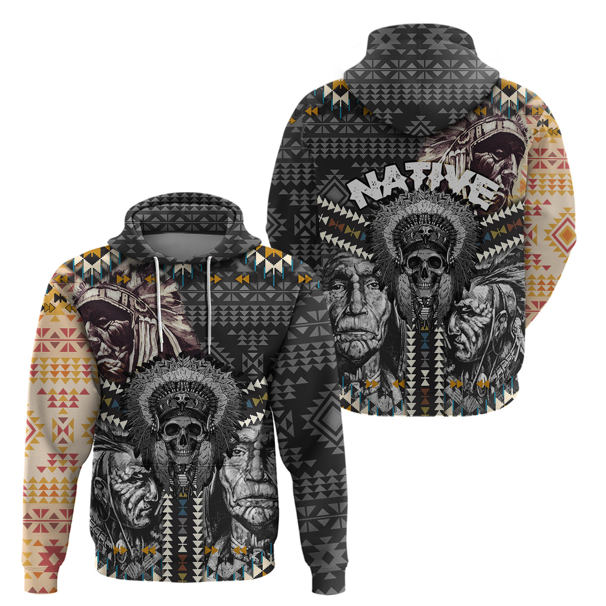 Native American Headdress Gray With Human Skull African Pattern Hoodie - Wonder Print Shop