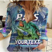 Blue womens casual shirt with large bass fish graphic and bold 'YOUR TEXT' print