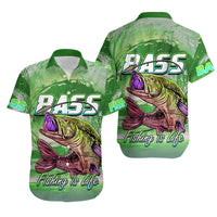 Green Hawaiian shirt with bass fish print and 'Fishing is Life' slogan
