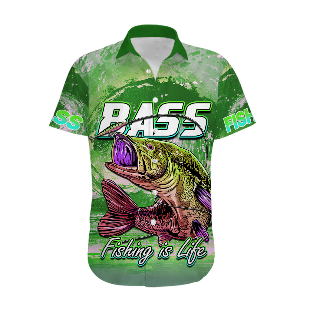Green Hawaiian shirt with 'RASS 425' emblem and bass fish 'Fishing is Life' art