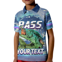 Kids blue polo shirt with short sleeves, button collar, large bass fish graphic front