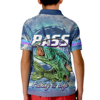 Kids blue polo shirt with short sleeves and button collar, large bass fish graphic on back