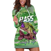Green bass graphic hoodie dress, hood drawstrings, front print, long sleeves
