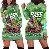 Green hoodie dress with bass graphic, hood with drawstrings, long sleeves