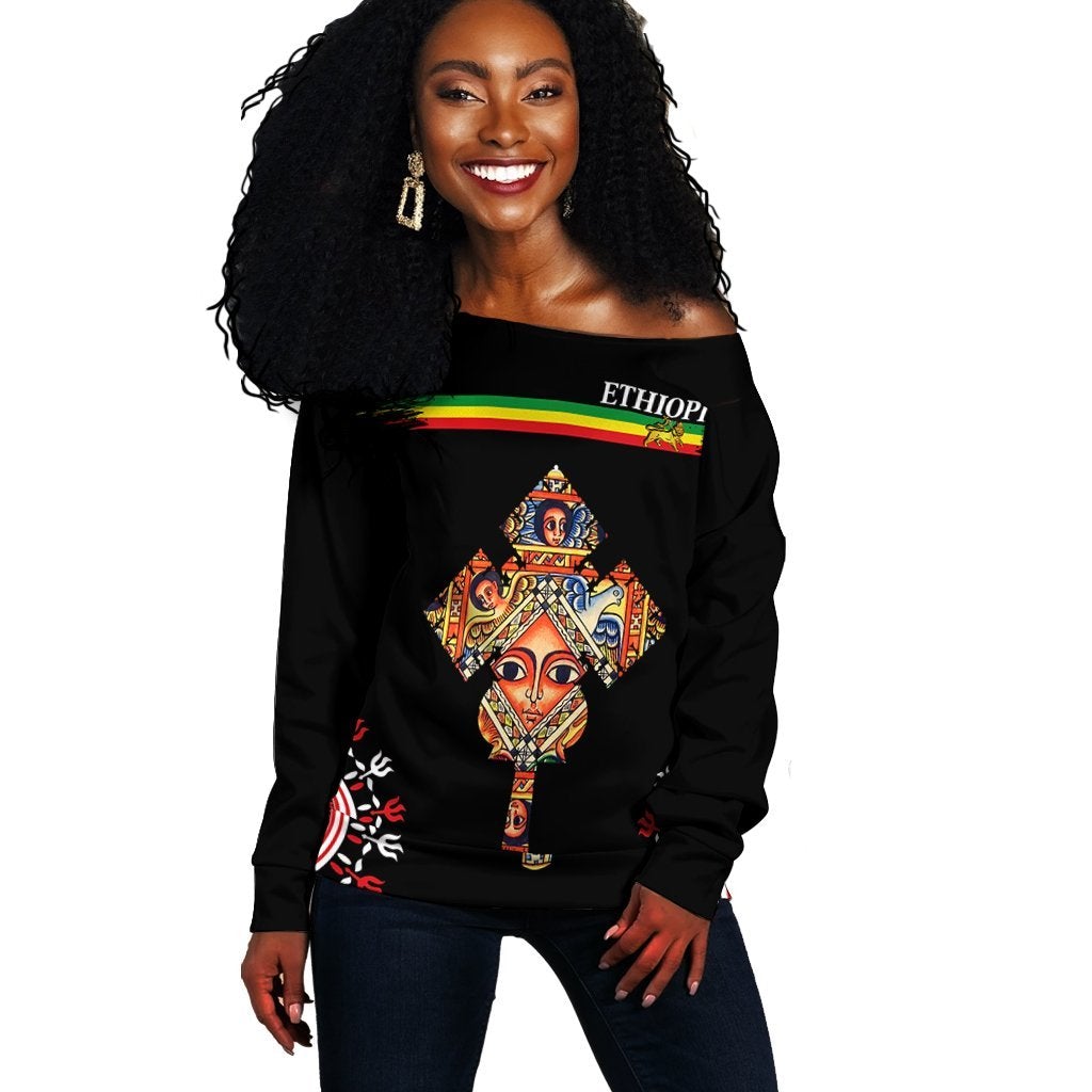 Ethiopia Off Shoulder Sweater - Ethiopian Cross LT13 - Wonder Print Shop