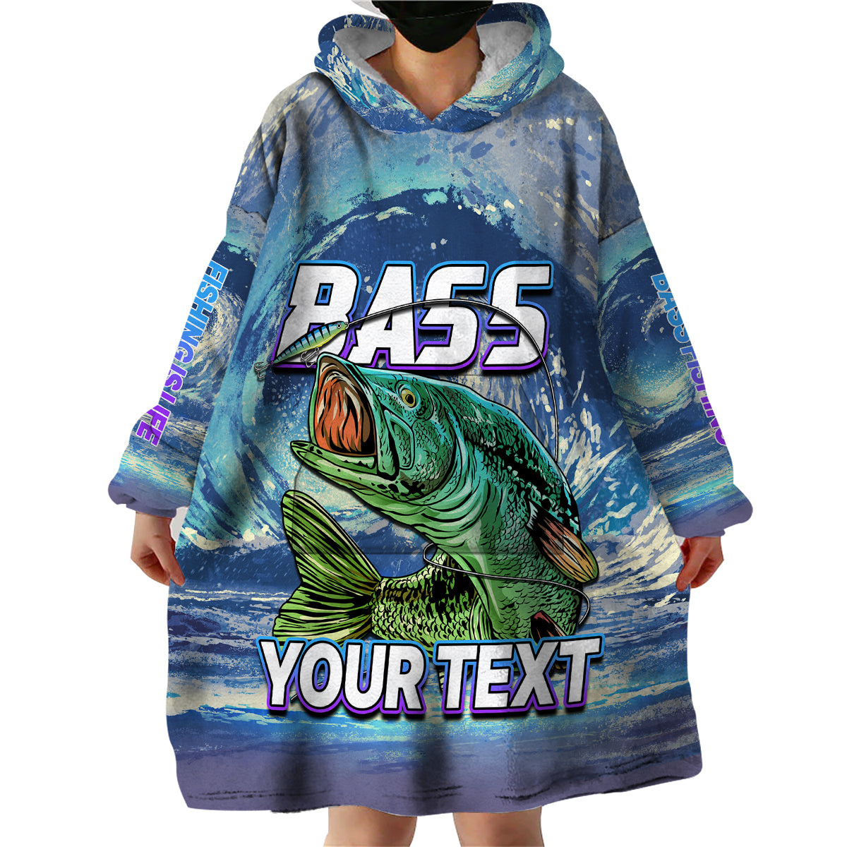 Blue bass fishing wearable blanket hoodie with oversized front bass print and hood
