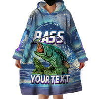 Blue bass fishing wearable blanket hoodie with oversized front bass print and hood