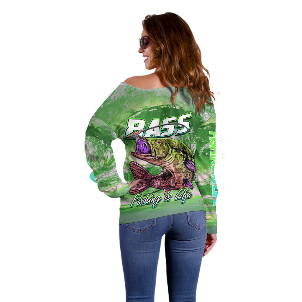 Bass Fishing is Life Hook Sport Largemouth Green Off Shoulder Sweater - Wonder Print Shop