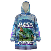 Blue bass fishing wearable blanket hoodie with bass fish graphic and hood
