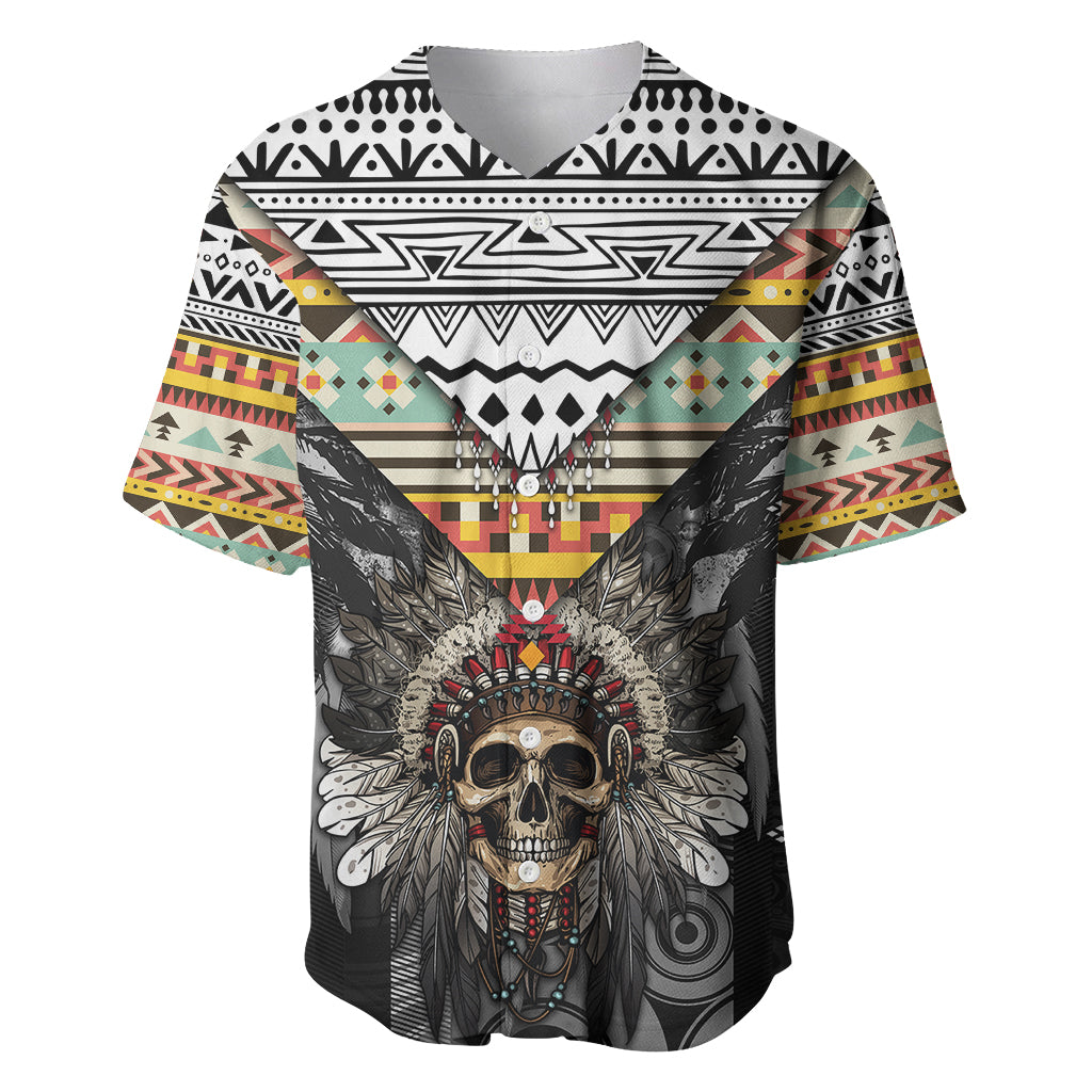 Native American Headdress With Human Skull African Pattern With Geometric Motifs Baseball Jersey - Wonder Print Shop