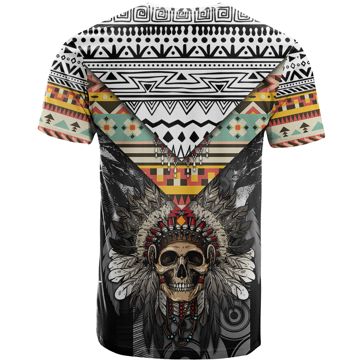 Native American Headdress With Human Skull African Pattern With Geometric Motifs T Shirt - Wonder Print Shop