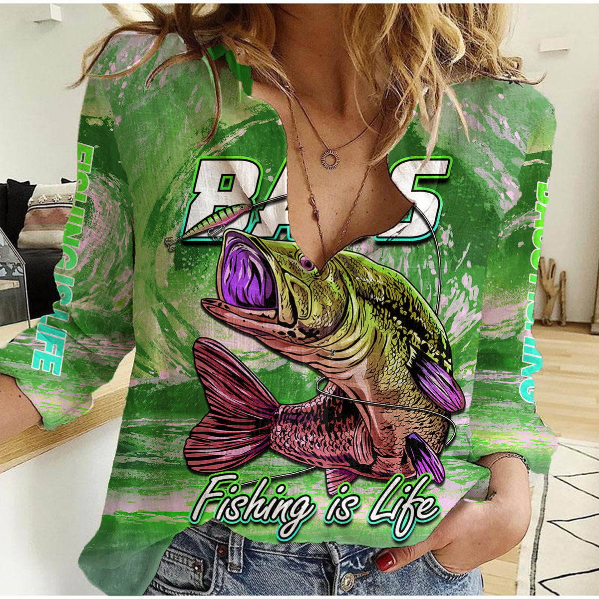 Bass Fishing is Life Hook Sport Largemouth Green Women Casual Shirt - Wonder Print Shop
