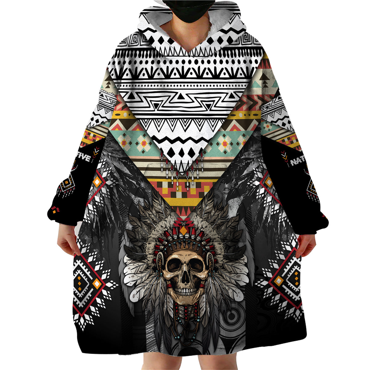 Native American Headdress With Human Skull African Pattern With Geometric Motifs Wearable Blanket Hoodie - Wonder Print Shop