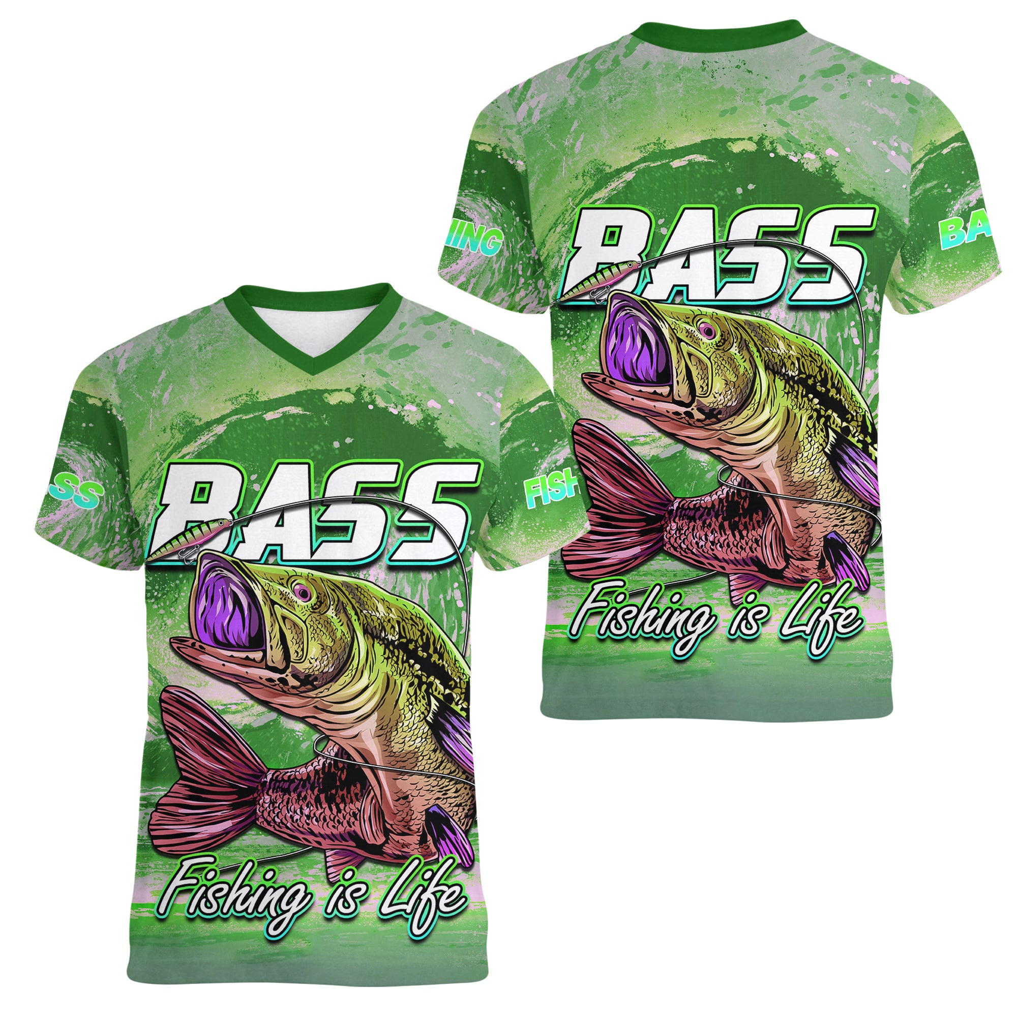 Bass Fishing is Life Hook Sport Largemouth Green Women V Neck T Shirt - Wonder Print Shop