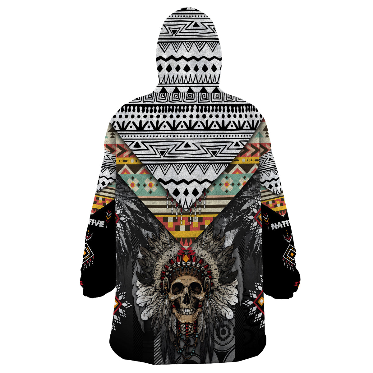 Native American Headdress With Human Skull African Pattern With Geometric Motifs Wearable Blanket Hoodie - Wonder Print Shop
