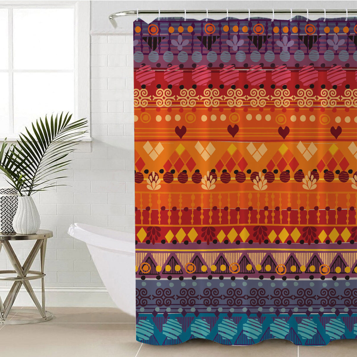 Colorful tribal pattern shower curtain with geometric, heart, and swirl bands