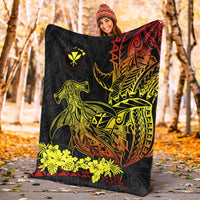 Black Polynesian blanket with hammerhead shark artwork and red geometric top corner