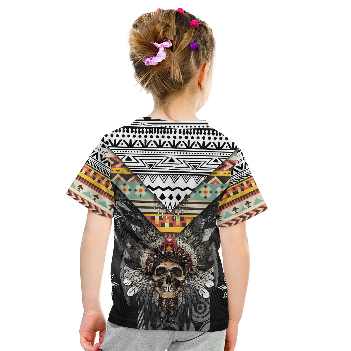 Native American Headdress With Human Skull African Pattern With Geometric Motifs Kid T Shirt - Wonder Print Shop