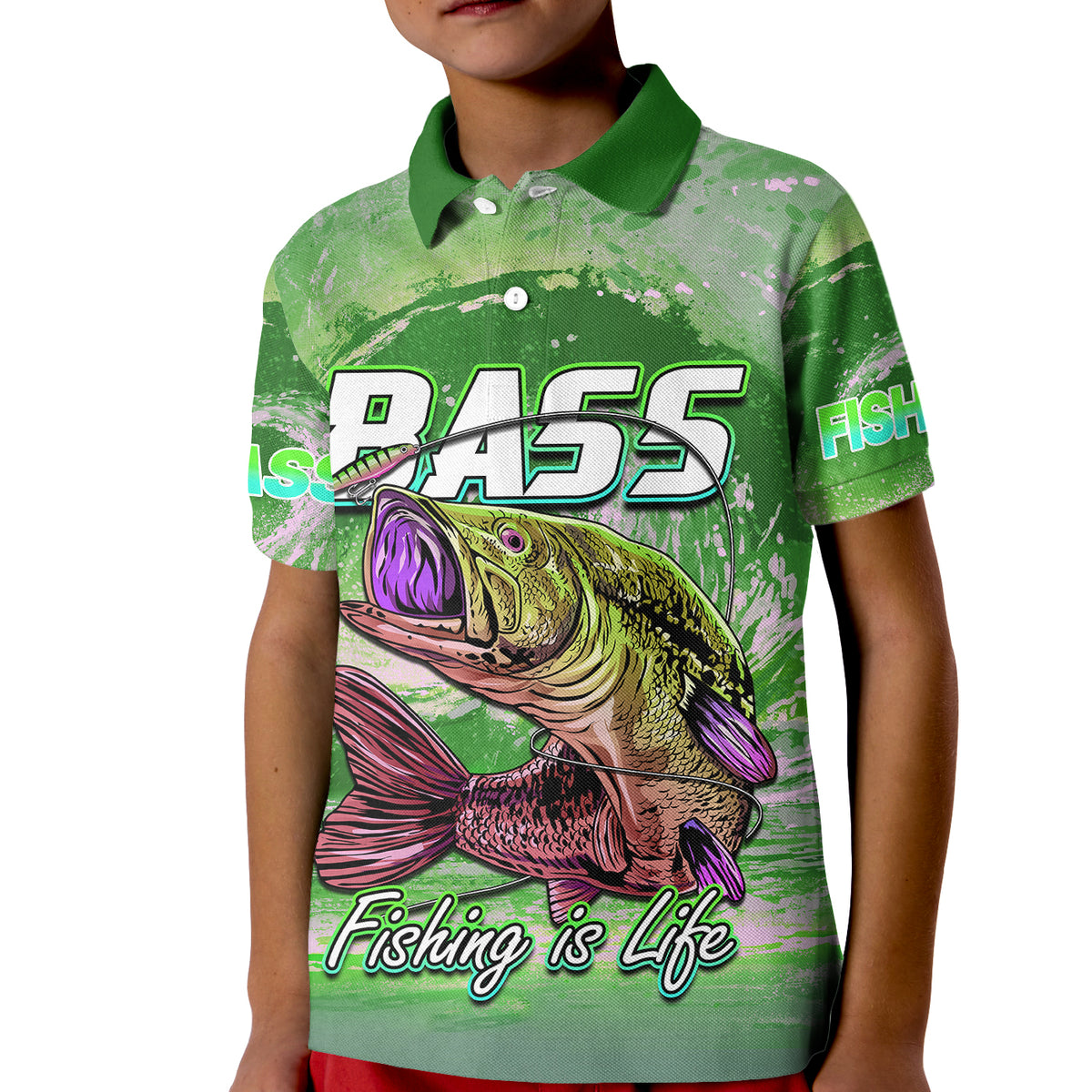Bass Fishing Polo Shirt Fishing is Life Hook Sport Largemouth Green for Kid - Wonder Print Shop