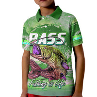 Kids green fishing polo with button collar and bass graphic, Fishing is Life