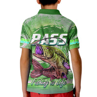 Kids green fishing polo with button collar and large bass graphic on back