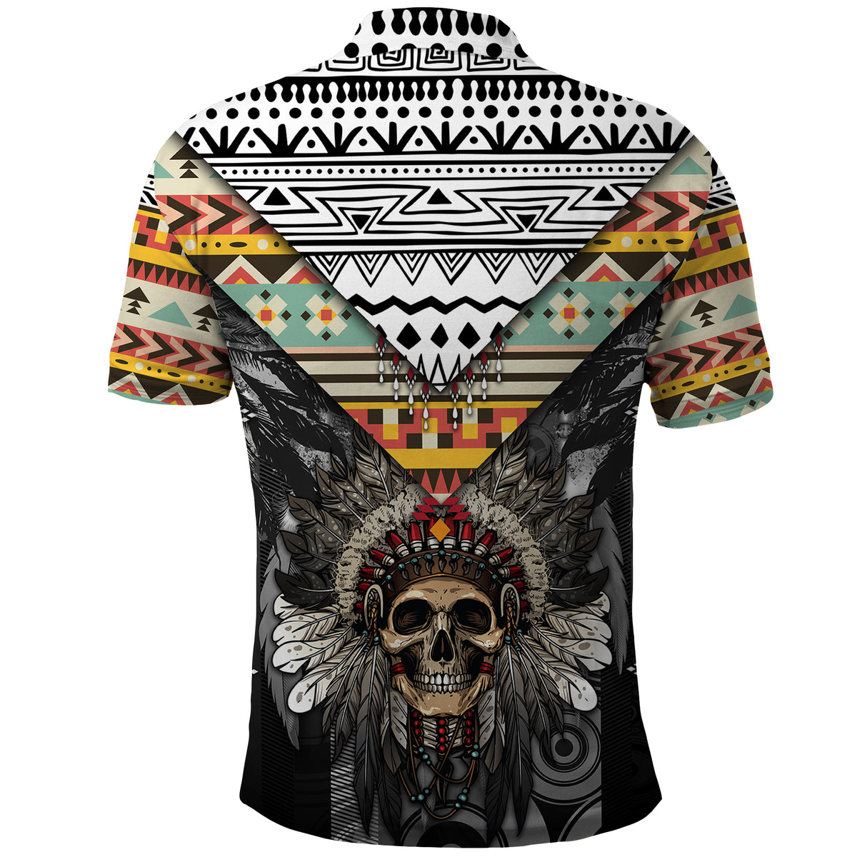 Native American Headdress With Human Skull African Pattern With Geometric Motifs Polo Shirt - Wonder Print Shop