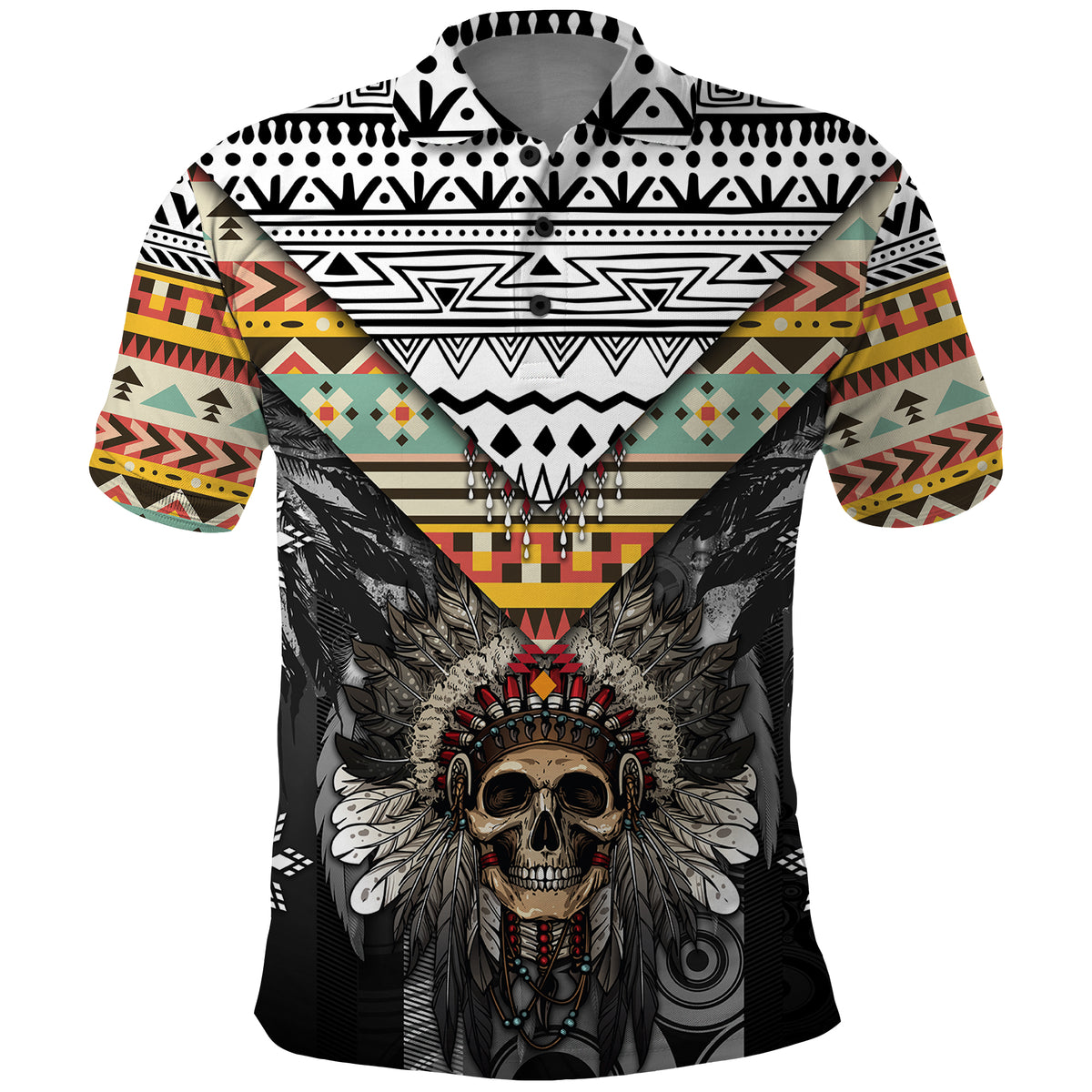 Native American Headdress With Human Skull African Pattern With Geometric Motifs Polo Shirt - Wonder Print Shop