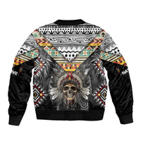 Native American Headdress With Human Skull African Pattern With Geometric Motifs Sleeve Zip Bomber Jacket - Wonder Print Shop