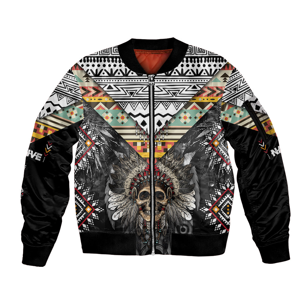 Native American Headdress With Human Skull African Pattern With Geometric Motifs Sleeve Zip Bomber Jacket - Wonder Print Shop