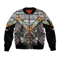 Native American Headdress With Human Skull African Pattern With Geometric Motifs Sleeve Zip Bomber Jacket - Wonder Print Shop