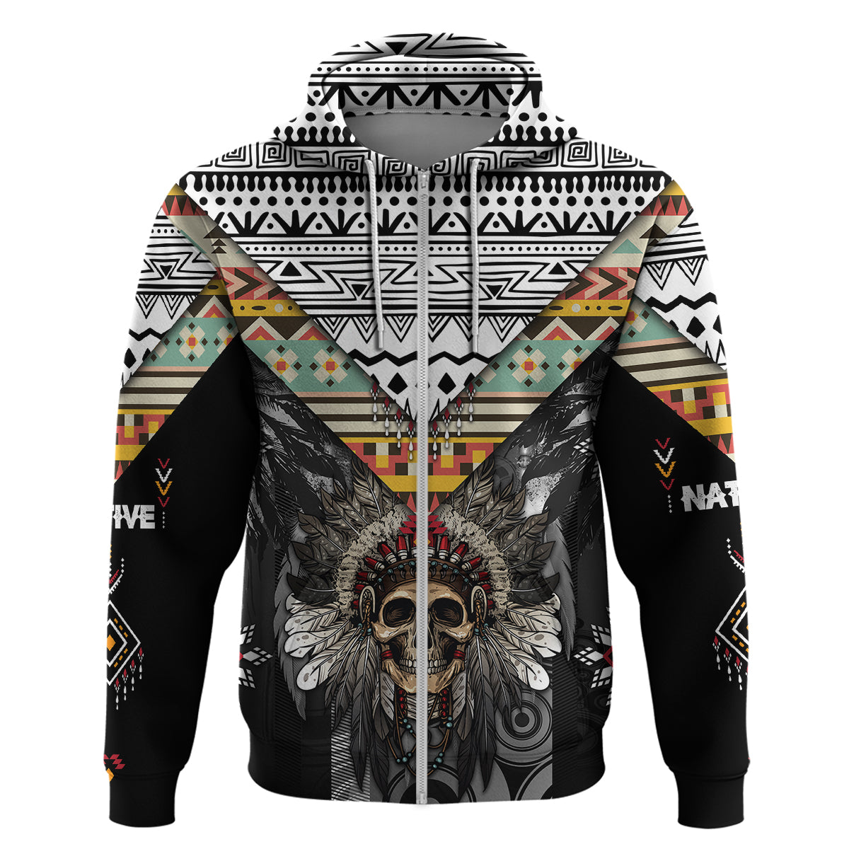 Native American Headdress With Human Skull African Pattern With Geometric Motifs Hoodie - Wonder Print Shop