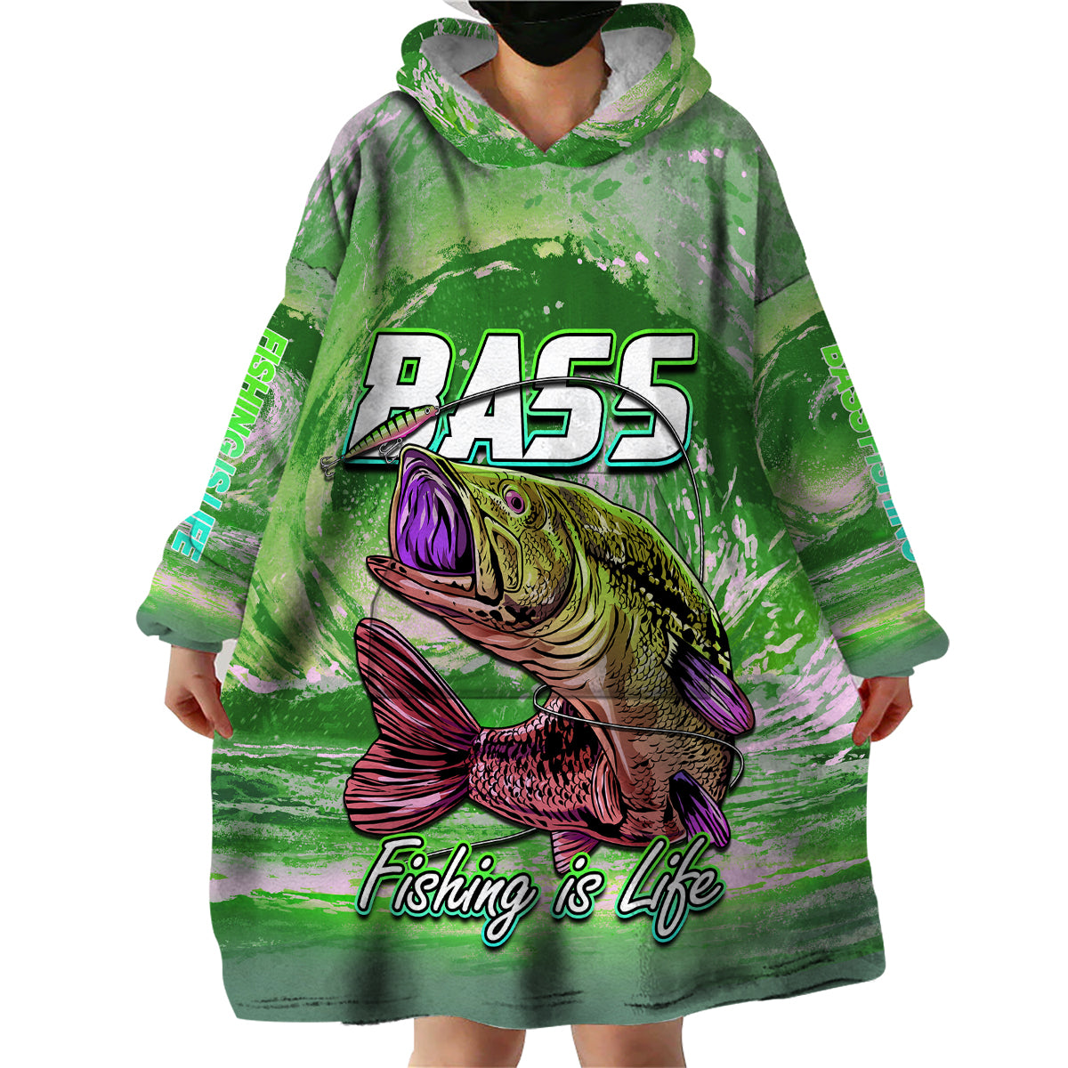 Green bass wearable blanket hoodie dress length with hood and large graphic.