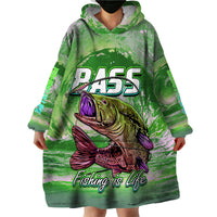 Green bass wearable blanket hoodie dress length with hood and large graphic.
