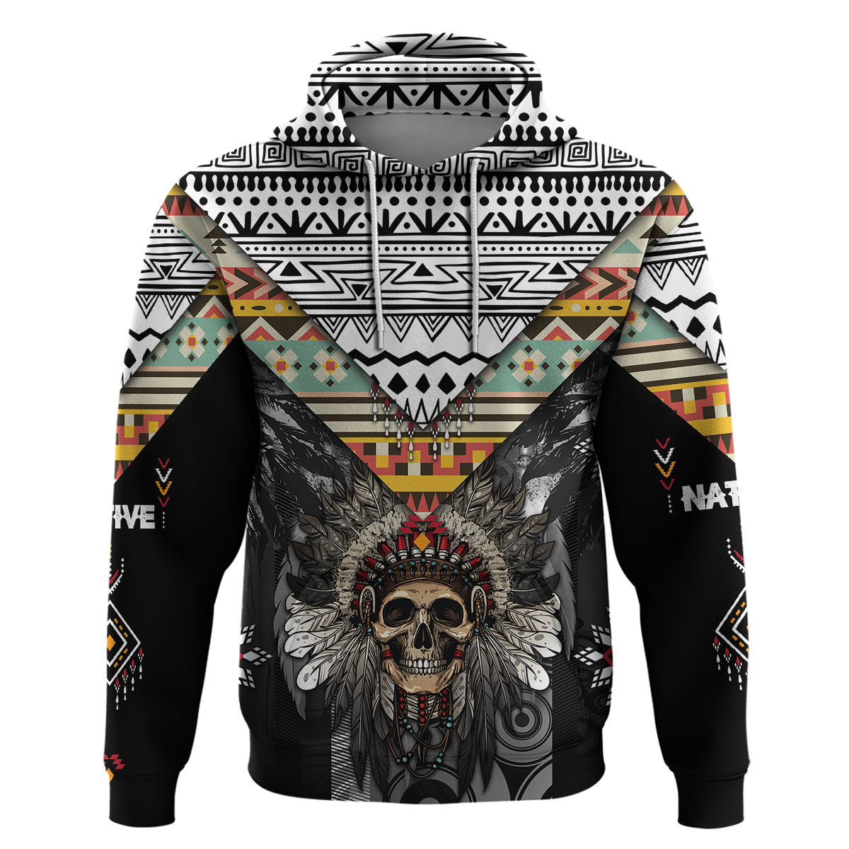 Native American Headdress With Human Skull African Pattern With Geometric Motifs Hoodie - Wonder Print Shop
