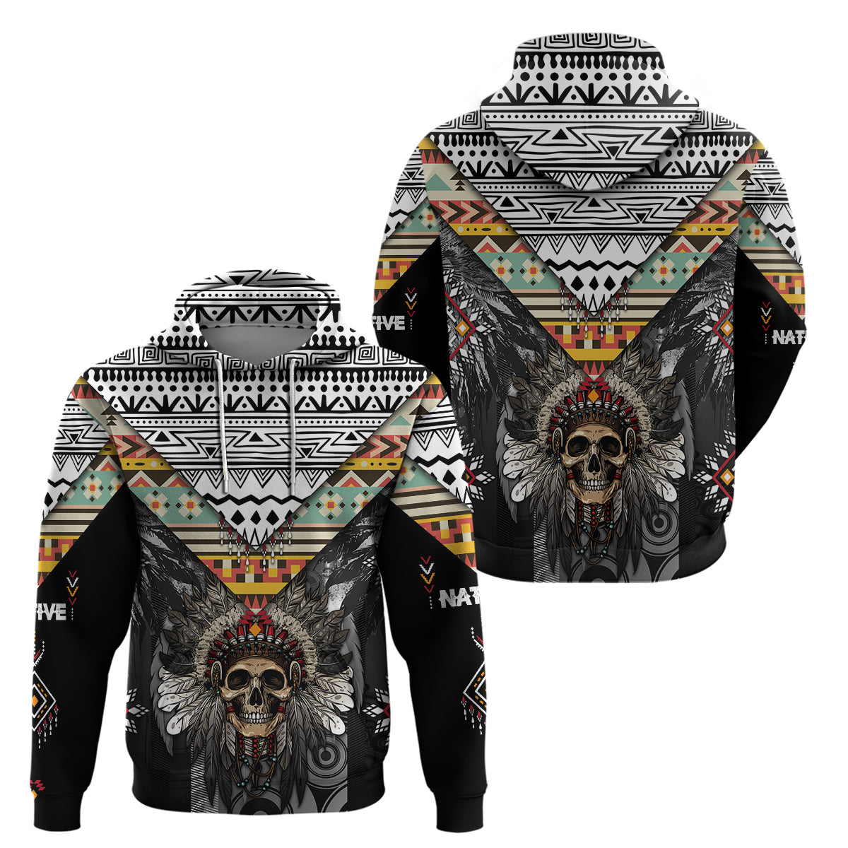 Native American Headdress With Human Skull African Pattern With Geometric Motifs Hoodie - Wonder Print Shop