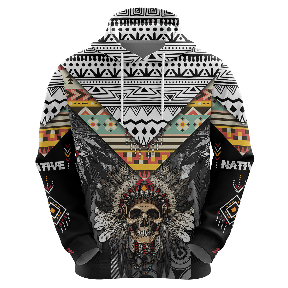 Native American Headdress With Human Skull African Pattern With Geometric Motifs Hoodie - Wonder Print Shop