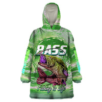 Green bass wearable blanket hoodie with hood and Fishing is Life graphic.