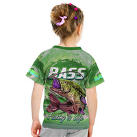 Kids green T-shirt back with large BASS logo and bass fish illustration