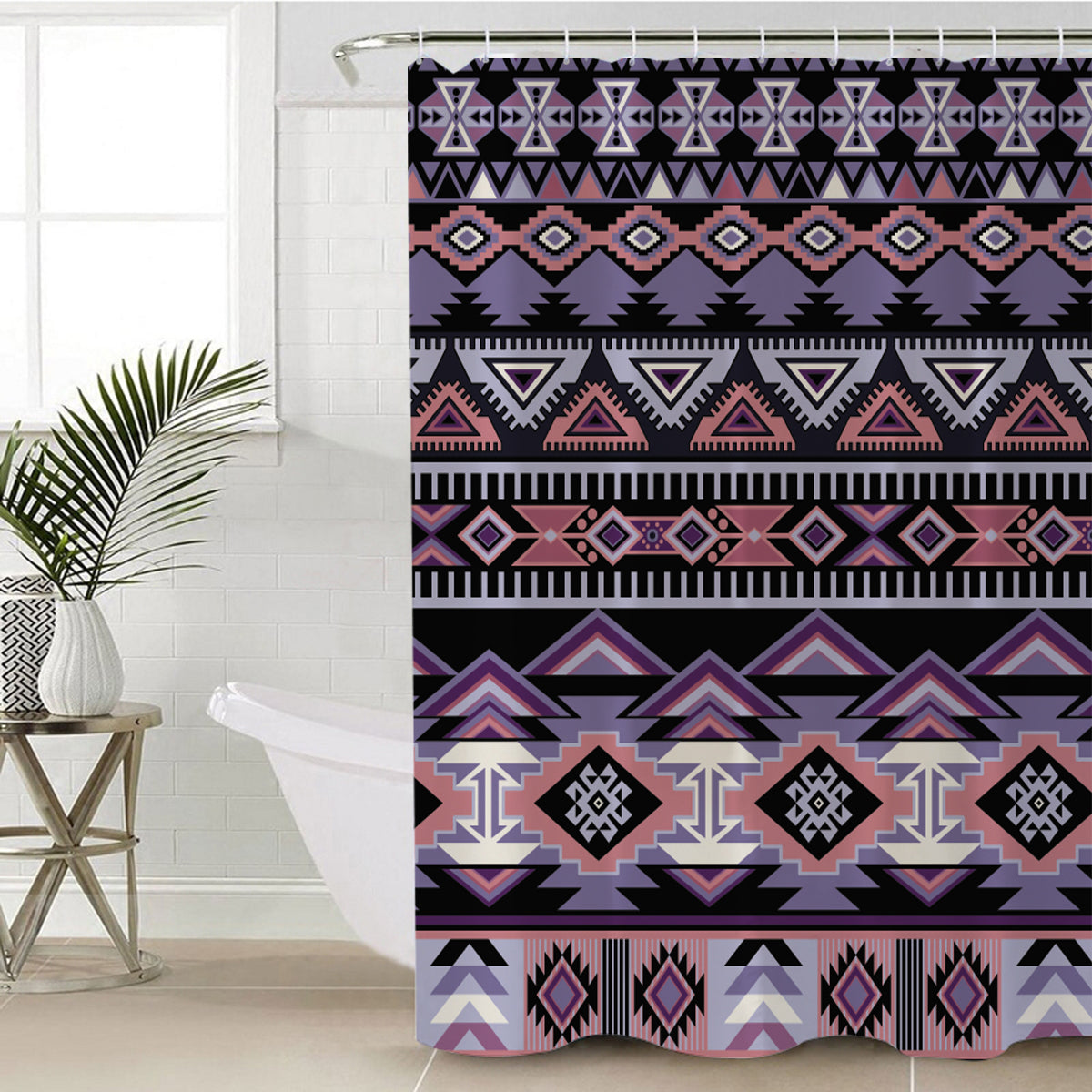 Multicolor ethnic geometric pattern shower curtain with bold diamond and stripe motifs
