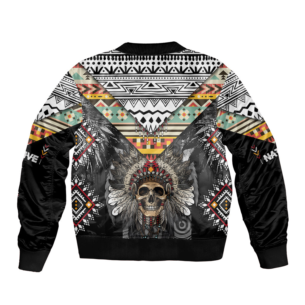 Native American Headdress With Human Skull African Pattern With Geometric Motifs Bomber Jacket - Wonder Print Shop