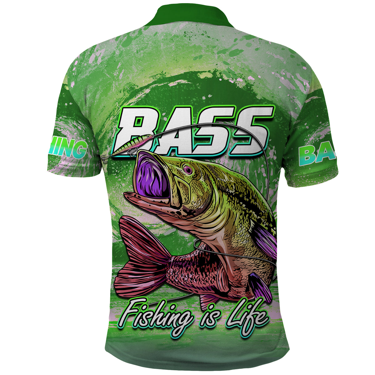 Green bass fishing polo shirt with back R/A55 bass graphic and fishing is life text
