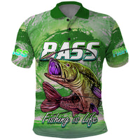 Green bass fishing polo shirt with R/A55 bass graphic and fishing is life text