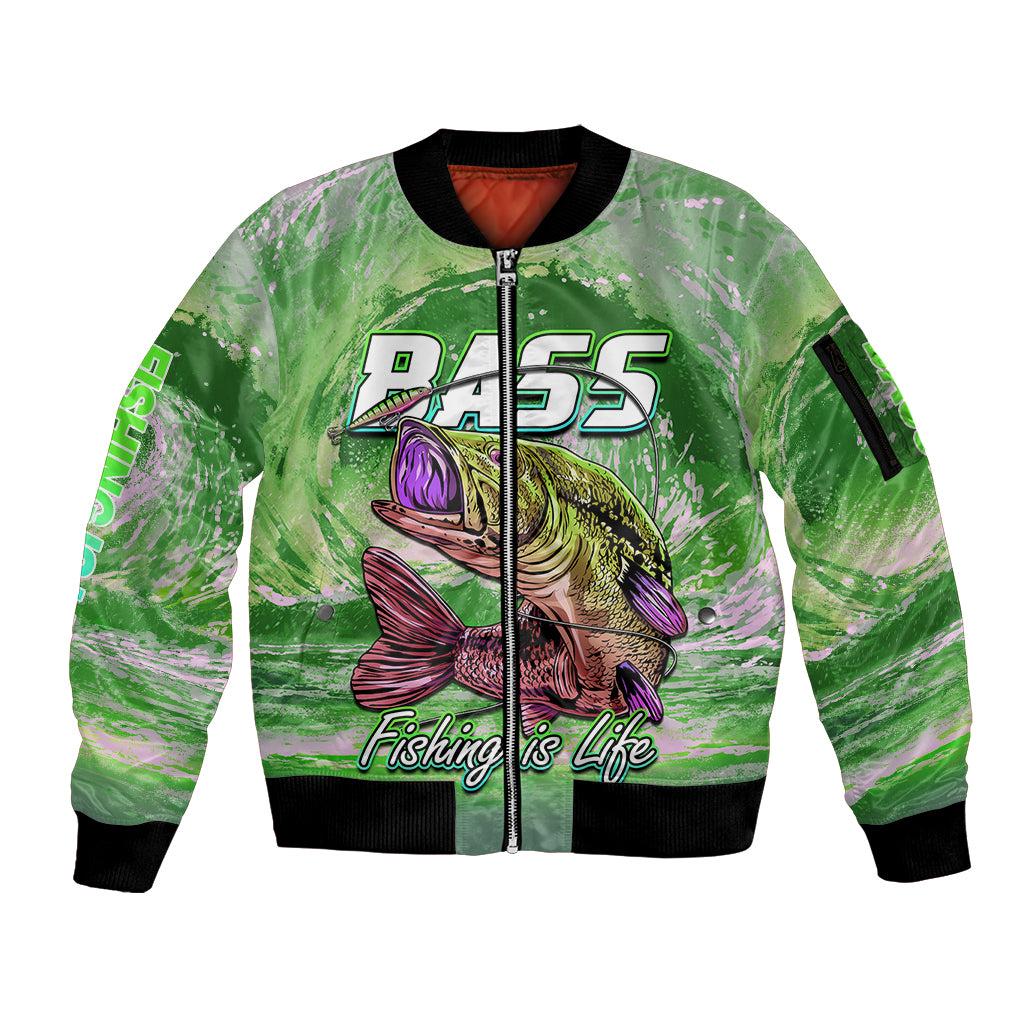 Bass Fishing is Life Hook Sport Largemouth Green Sleeve Zip Bomber Jacket - Wonder Print Shop