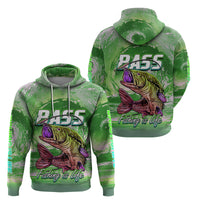 Green pullover hoodie set: front and back bass fish graphic with Fishing is Life