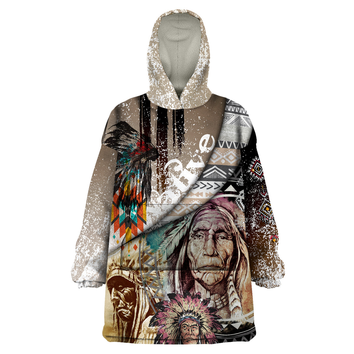 Native American Feather Headdress Portrait Of American Indian Colorful Distress Beton Texture Wearable Blanket Hoodie - Wonder Print Shop