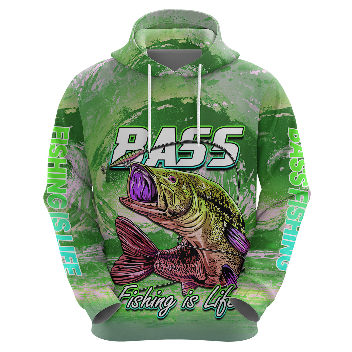 Green pullover hoodie back view with bass fish graphic and Fishing is Life text