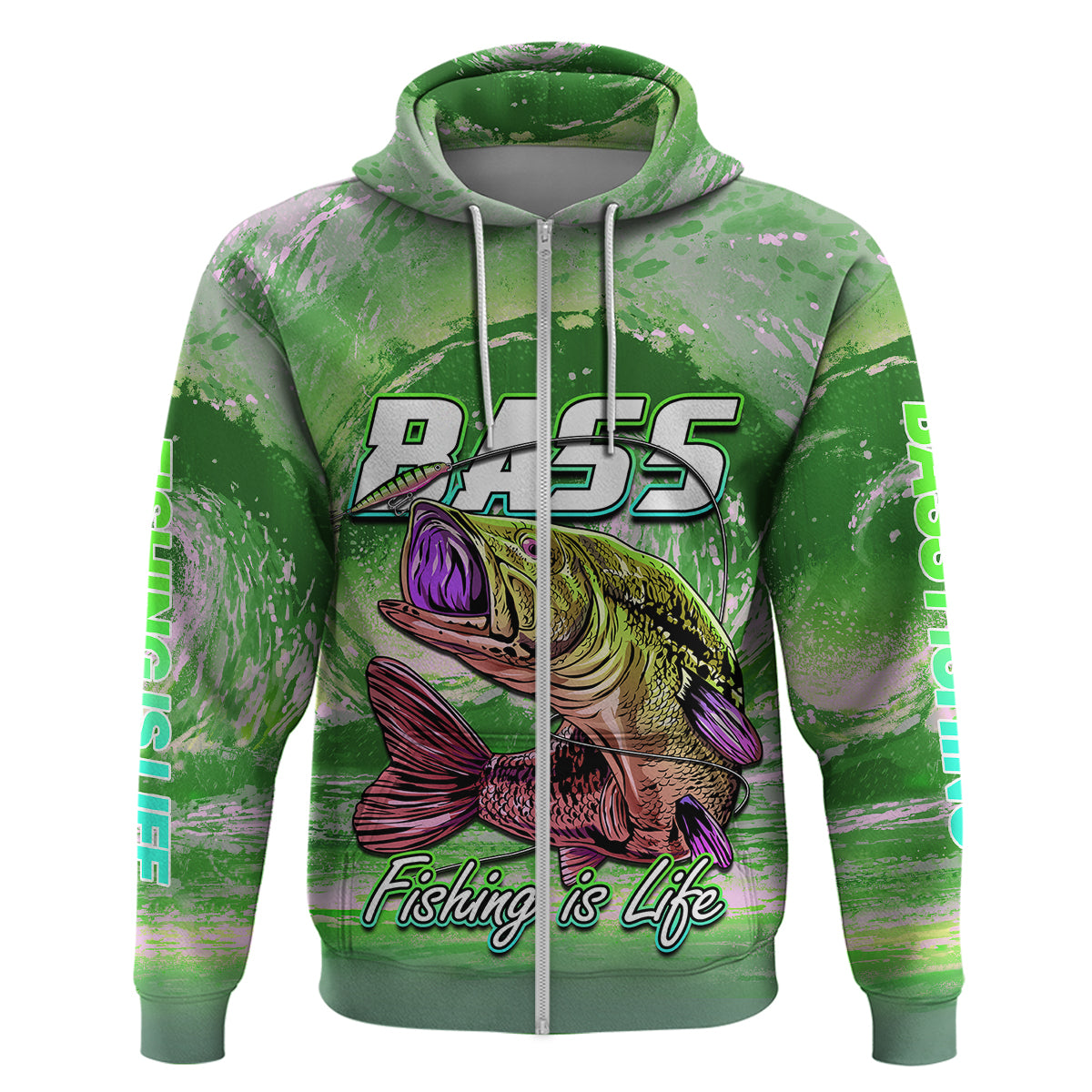Green pullover hoodie, large chest bass fish and Fishing is Life text print