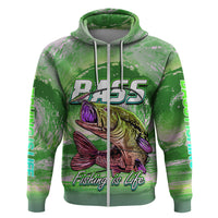 Green pullover hoodie, large chest bass fish and Fishing is Life text print