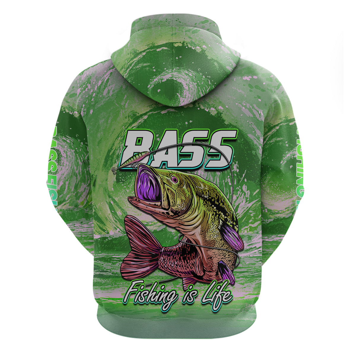 Green pullover hoodie back with centered bass fish graphic and Fishing is Life