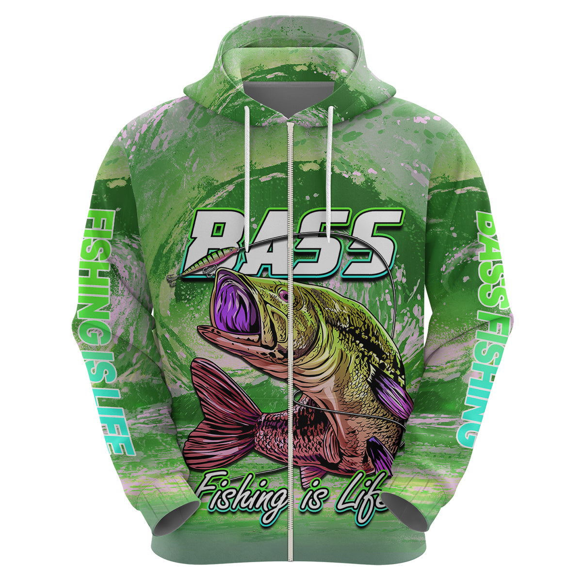Green pullover hoodie back view with hood and centered bass fish graphic